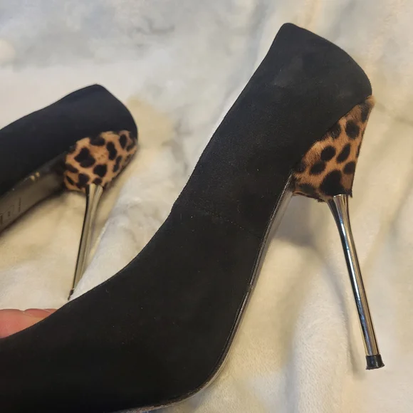 Stuart Weitzman Black Suede Heels with Calf Hair Leopard Detail - Picture 7 of 16
